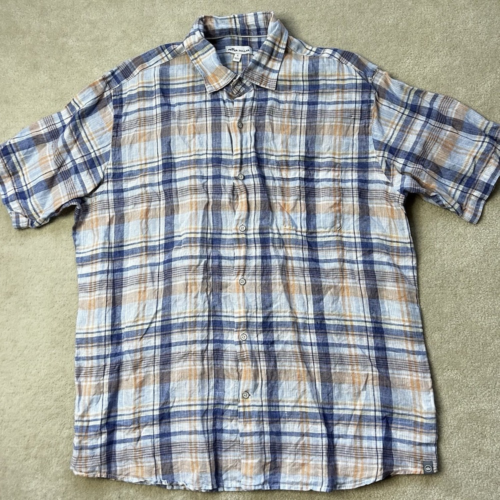 Peter Millar Mens Large Shirt 100% Linen Button Up Shortsleeve Plaid